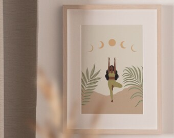 Quadro Boho Yoga Postura da Árvore | Arte de Parede com Fases da Lua | Decoração de Yoga | Arte Celestial de Yoga | Decoração Boho para Casa | Presente de Yoga