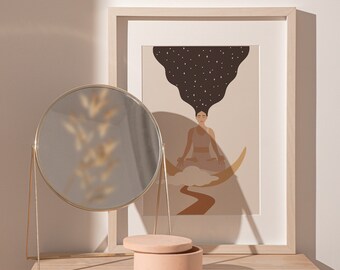 Impressão de pose de ioga da lua crescente: arte de parede de meditação boho (download digital)