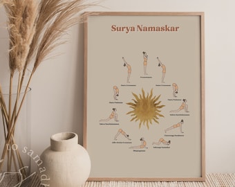 Impressão artística da postura de ioga Saudação ao Sol: Sequência de Surya Namaskar | Decoração Boho Yoga | Presente para Amantes de Ioga