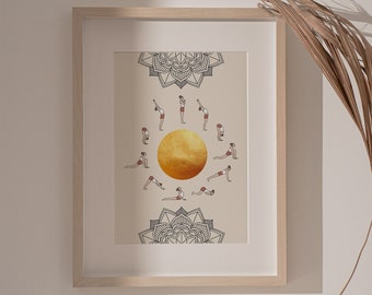 Arte de Yoga Saudação ao Sol | Impressão Mandala Surya Namaskar | Decoração para Estúdio de Yoga | Arte de Parede Espiritual | Presente para Yoga
