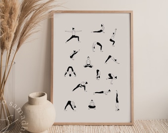 Impressão artística de poses de Ashtanga Yoga: minimalista em preto e branco (download instantâneo)