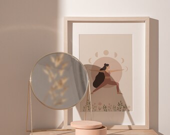 Impressão de ioga com fases da lua: arte de parede da deusa boho (download digital)