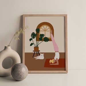 Arte de pared con posturas de yoga / Decoración de pared de yoga con gato / Póster de arte para practicar yoga en casa ** Descarga instantánea **