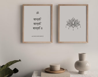 Conjunto de pôsteres de ioga com o mantra Om Shanti e a flor de lótus | Arte de parede espiritual | Decoração zen | Presente de ioga | Galeria de parede