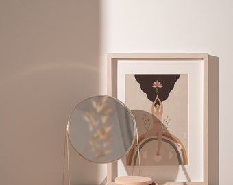Impressão de pose de ioga boho: arte de parede com fases da lua (download instantâneo)