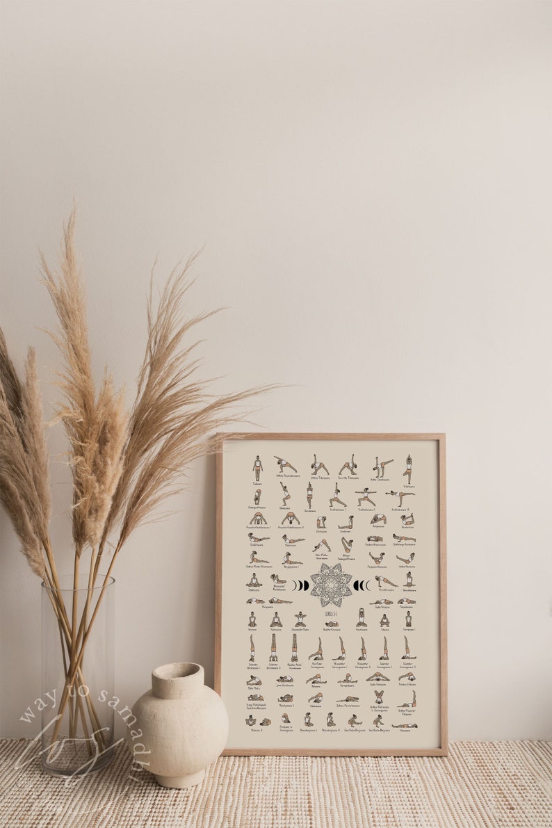May include: A framed poster with a beige background featuring a series of yoga poses illustrated with stick figures. The poses are labeled with their names in black text. The poster is surrounded by a light brown frame and is sitting on a beige surface.