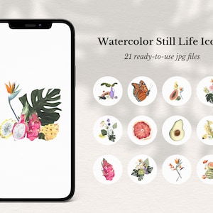 Watercolor Still Life Instagram Highlight Covers: Tropical Fruit Icons (Instant Download)