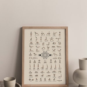 May include: A framed poster with a beige background featuring a variety of yoga poses illustrated with stick figures. The poses are labeled with their Sanskrit names. The poster is surrounded by a wooden frame.