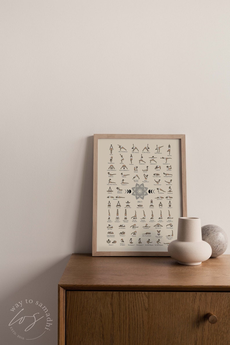 May include: A framed poster with a beige background and illustrations of different yoga poses. The poster is titled "Yoga" and includes the names of each pose. The poster is hanging on a white wall above a wooden dresser with a vase and a stone object on top.