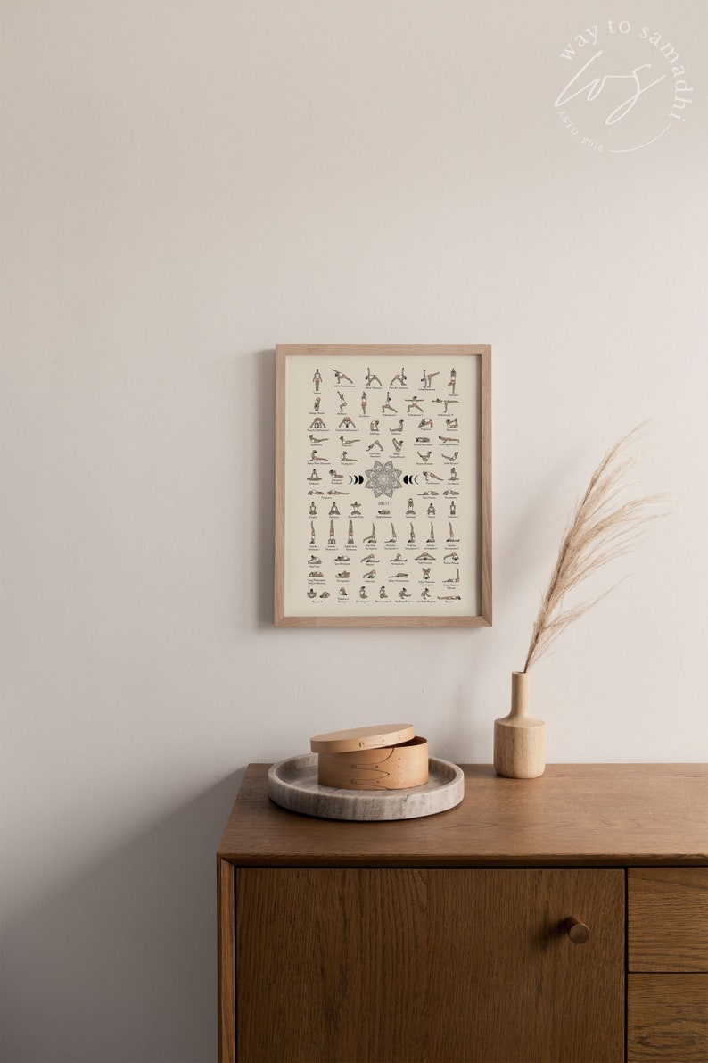 May include: A framed poster with a beige background and black illustrations of yoga poses. The poster is titled "The Way to Samadhi" and includes the text "Est. 2016". The poster is hanging on a light beige wall above a wooden cabinet with a light brown wooden drawer.
