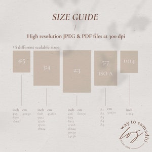 May include: A size guide for high-resolution JPEG and PDF files at 300 dpi. The guide shows five different scalable sizes: 4:5, 3:4, 2:3, 5:7 (ISO A), and 11:14. Each size is listed with corresponding inch and centimeter measurements.
