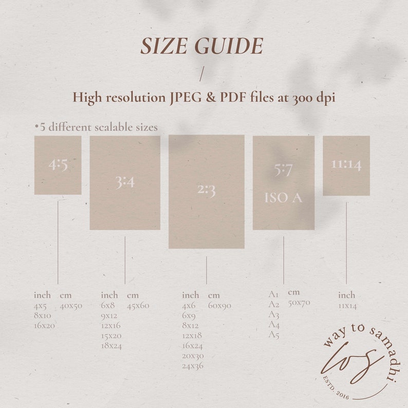 May include: A size guide for high-resolution JPEG and PDF files at 300 dpi. The guide shows five different scalable sizes: 4:5, 3:4, 2:3, 5:7 (ISO A), and 11:14. Each size is listed with corresponding inch and centimeter measurements.