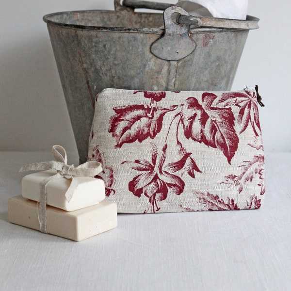 Floraison Floral Small Linen Washbag in Raspberry