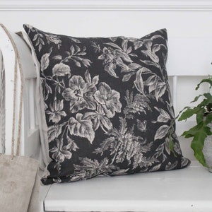 Dark Grey Floraison Shadow Floral Linen Square Cushion