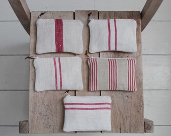 Red stripe vintage linen purse