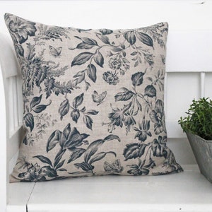 Floraison Blue Screen-printed Linen Square Cushion