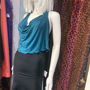 Draped cowl neckline, long strap halter, soft silhouette, not fitted, loose and fun, daytime chic, nighttime glam, drape, versatile halter.