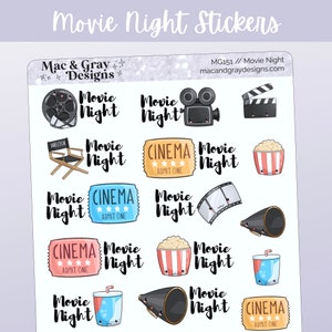 Movie Night Stickers // Functional Planner Stickers, Kawaii Cinema Stickers, Film Stickers, Journalling Film or Movie Tracker