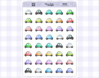 May include: A sticker sheet featuring forty small, colorful cartoon car illustrations in various shades including red, blue, green, yellow, pink, purple, gray, and white. The top header displays the text Mac & Gray Designs and code MG115.
