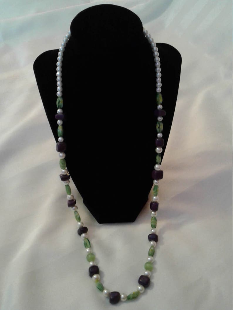 Green purple and white beaded necklace Long beaded necklace with purple white and green Green white and purple multi-faceted bead necklace