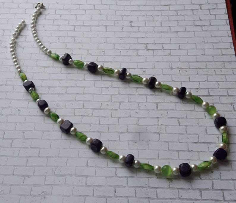 Green purple and white beaded necklace Long beaded necklace with purple white and green Green white and purple multi-faceted bead necklace