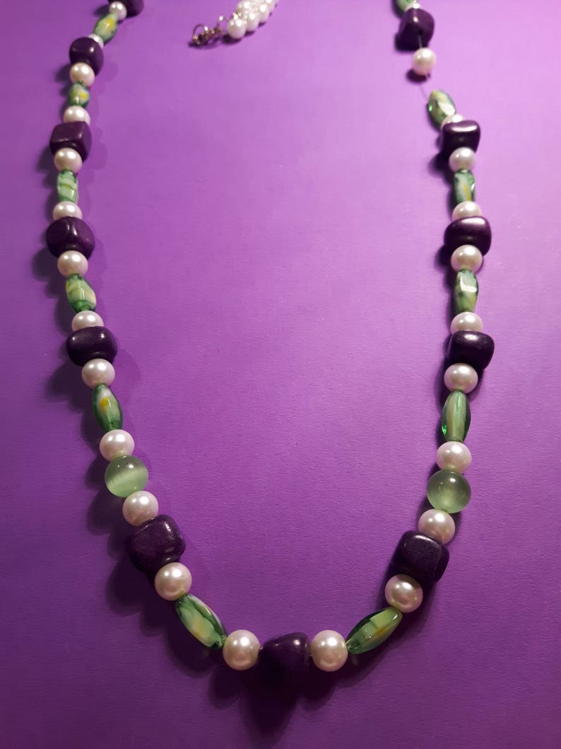 Green purple and white beaded necklace Long beaded necklace with purple white and green Green white and purple multi-faceted bead necklace