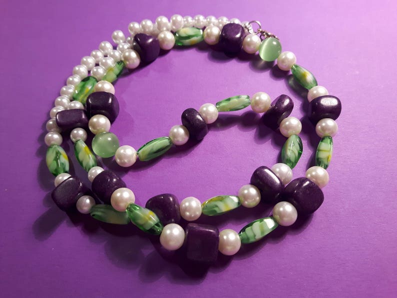 Green purple and white beaded necklace Long beaded necklace with purple white and green Green white and purple multi-faceted bead necklace