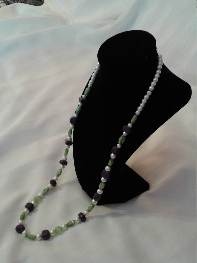 Green purple and white beaded necklace Long beaded necklace with purple white and green Green white and purple multi-faceted bead necklace