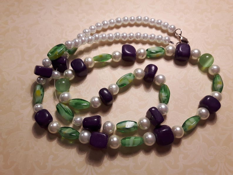 Green purple and white beaded necklace Long beaded necklace with purple white and green Green white and purple multi-faceted bead necklace