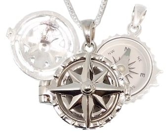 Engraved Working Compass Necklace | Personalized Sterling Silver Compass Rose Compass Locket