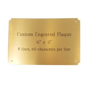 Custom Size up to 6&quot; x 4&quot; Personalized, Custom Engraved Bright Gold Brass Plaque, Name Plate, Art Tag, Picture Frame Label, Trophy Award