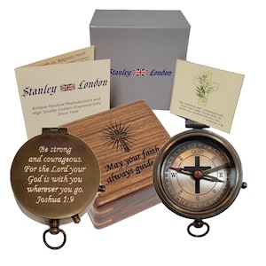 Engraved Confirmation and Baptism Gift | Joshua 1:9 Be Strong and Courageous Compass  | Personalized Religious Gifts with Wood Display Box