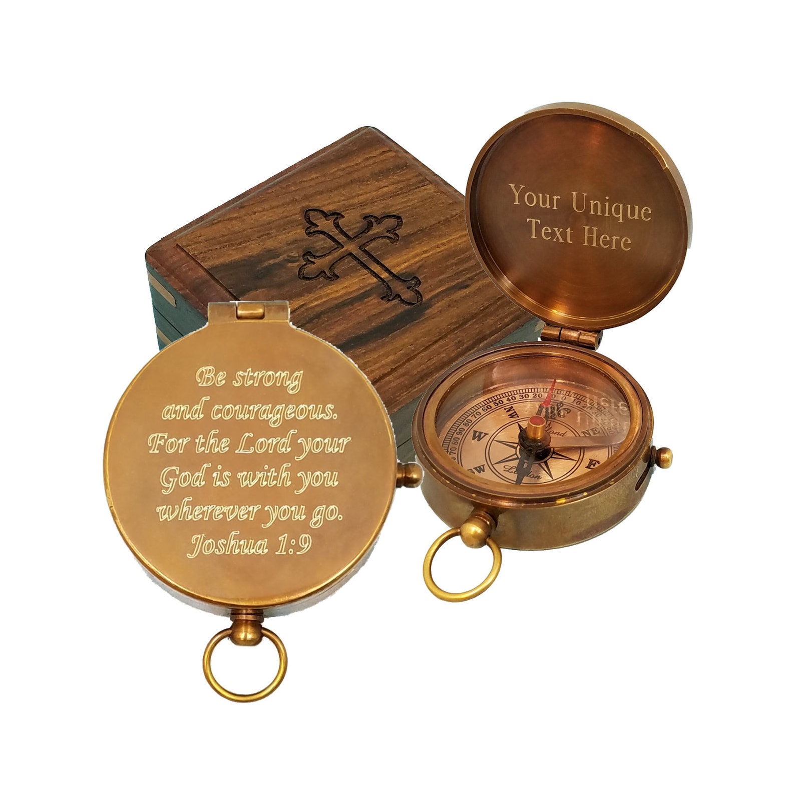 Kompass Mit Joshua 1:9 Gravur – Messing, Antik Finish, 5,1 Cm Durchmesser, Inkl. Lederetui & Kette, Perfektes Geschenk
