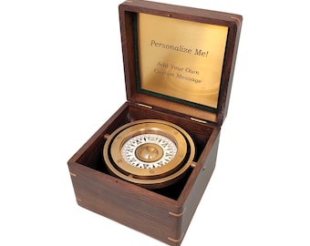 Brújula cardán antigua de latón náutico personalizada en caja de madera / Brújula grabada / Excelente regalo de graduación y premio de reconocimiento a empleados