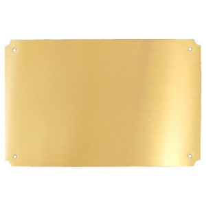 Puede incluir: Una placa de metal en blanco, de color dorado, con esquinas redondeadas y cuatro agujeros preperforados. La placa tiene un acabado cepillado.