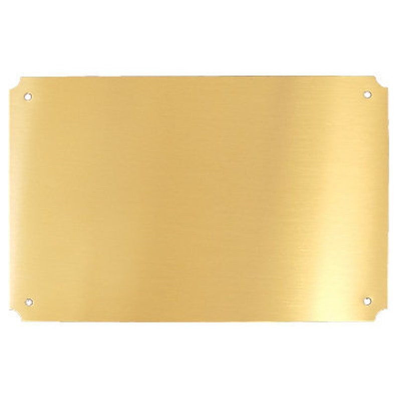 Puede incluir: Una placa de metal en blanco, de color dorado, con esquinas redondeadas y cuatro agujeros preperforados. La placa tiene un acabado cepillado.