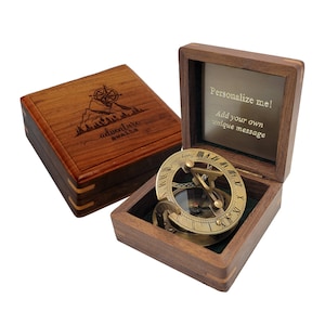 Personalized Sundial Compass Gift | Engraved Small Brass Compass with Sun Dial and Hardwood Box | Compass for Men, Son, Husband, Boyfriend