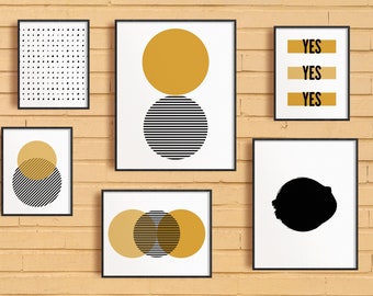 Geometric Black & Mustard Yellow Print (Set of 6): Yes, Yes, Yes, Circle, Dots Poster Designs | Digital Download