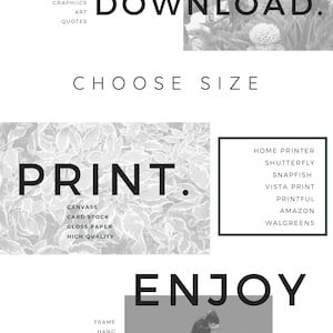 Pu&ograve; includere: Un design grafico in bianco e nero con il testo "PRINT." e "ENJOY."  Il testo "DOWNLOAD." &egrave; nella parte superiore dell'immagine.  Il testo "CHOOSE SIZE" &egrave; sotto il testo "DOWNLOAD.".  Il testo "CANVASS, CARD STOCK, GLOSS PAPER, HIGH QUALITY" &egrave; sotto il testo "PRINT.".  Il testo "HOME PRINTER, SHUTTERFLY, SNAPFISH, VISTA PRINT, PRINTFUL, AMAZON, WALGREENS" &egrave; a destra dell'immagine.  Il testo "FRAME, HANG, LOVE" &egrave; a sinistra dell'immagine.  Il testo "SIR VINI PRINTS" &egrave; a destra dell'immagine.