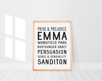 Elenco minimalista dei romanzi di Jane Austen / Poster dei libri di Austen