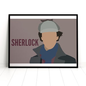 May include: A digital illustration of Sherlock Holmes, a fictional detective, wearing a gray hat and a blue scarf. The background is a light brown color and the text "SHERLOCK" is written in maroon.