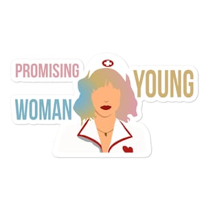 Könnte beinhalten: Ein Aufkleber mit einer Cartoon-Illustration einer Frau mit rosa und blauen Haaren, die eine weiße Krankenschwesteruniform mit einem roten Herz auf der Tasche trägt. Der Text "Promising Young Woman" ist in weißen Buchstaben auf blauem und goldenem Hintergrund geschrieben.