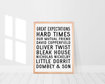 Charles Dickens Roman Liste Druck | Minimalistisches Dickens Poster