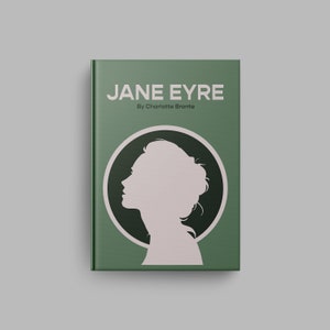 Pu&ograve; includere: Una copertina di libro verde con il titolo "JANE EYRE" di Charlotte Bront&euml;. La copertina presenta una silhouette bianca della testa di una donna di profilo, su un cerchio verde scuro.