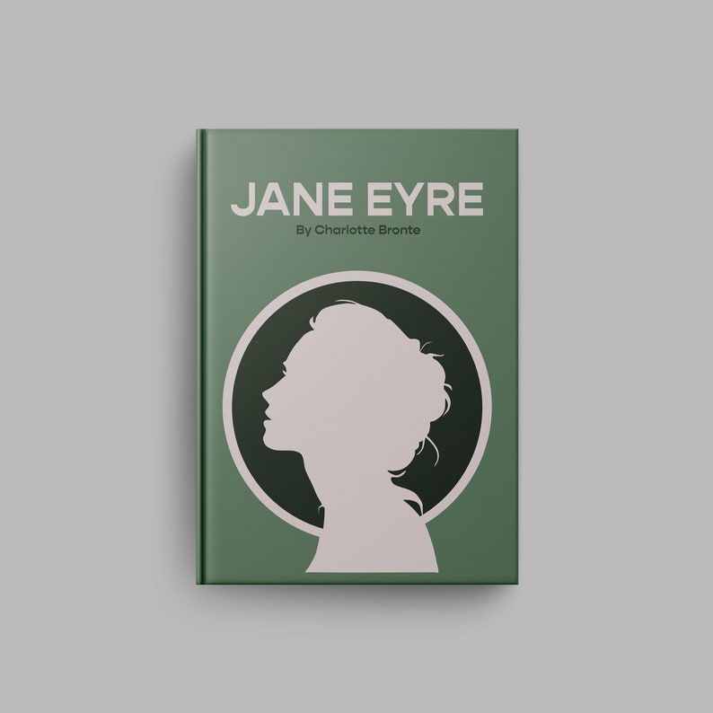Pu&ograve; includere: Una copertina di libro verde con il titolo "JANE EYRE" di Charlotte Bront&euml;. La copertina presenta una silhouette bianca della testa di una donna di profilo, su un cerchio verde scuro.