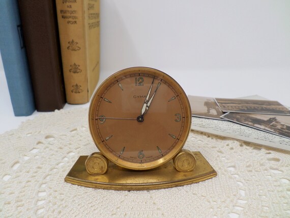 Swiss Art Deco Alarm Clock Cyma Vintage Desk In Gold