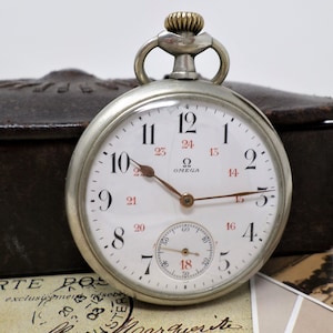 OMEGA Swiss Pocket Watch, Vintage Men&#39;s Pocket Watch with Porcelain Dial and Ancre Movement, Antique Rare Mechanical Watch, Swiss Made 1910s