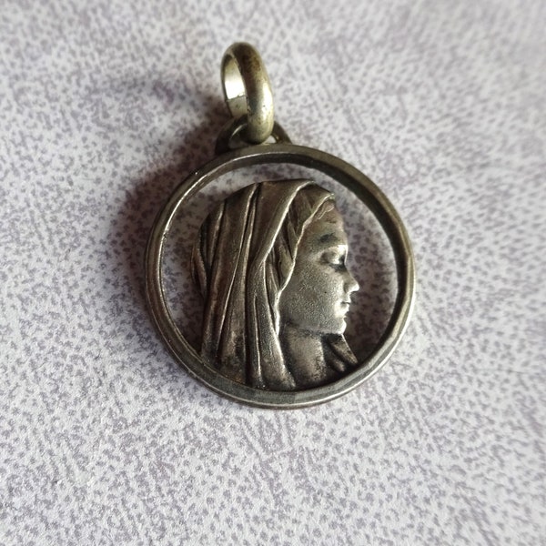 Vintage Silber Jungfrau Maria Medaille, Mutter Maria Charme, Anhänger Unsere Dame von Lourdes, Religiöser Christlicher Schmuck, Madonna Profil