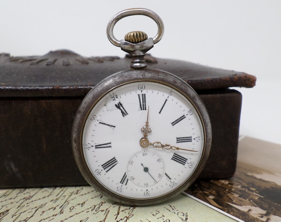 Antique Swiss Pocket Watch, Porcelain Dial, Vinta… - image 1