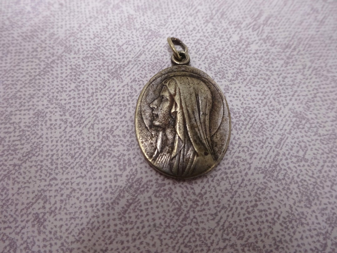 Vintage Our Lady of Lourdes, Silver Plated Catholic Medal Virgin Mary ...